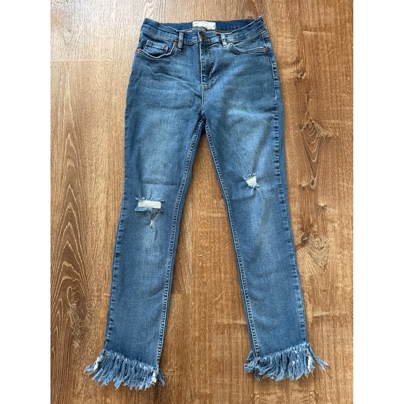 Free People Denim - Free People Blue Distressed Ankle Crop Jeans with Frayed Hem